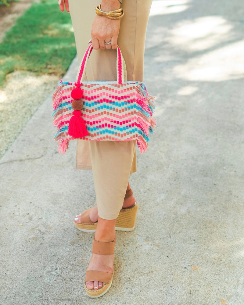 Small Surfside Multicolor Tassel Trim Pom Pom Handbag Purse