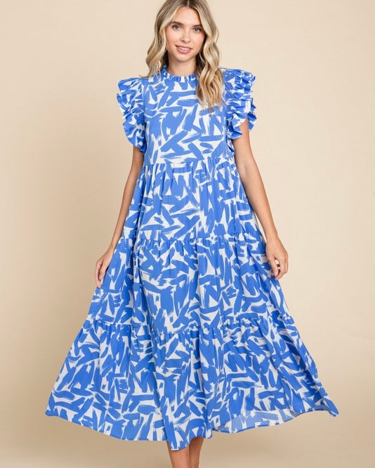 Plus Size Pink & White or Blue & White Graphic Print Tier Layer Midi Dress