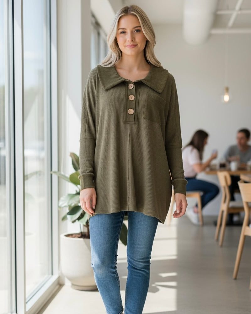 Casual Olive Green Waffle Texture Lightweight Knit Long Sleeve Tunic Top