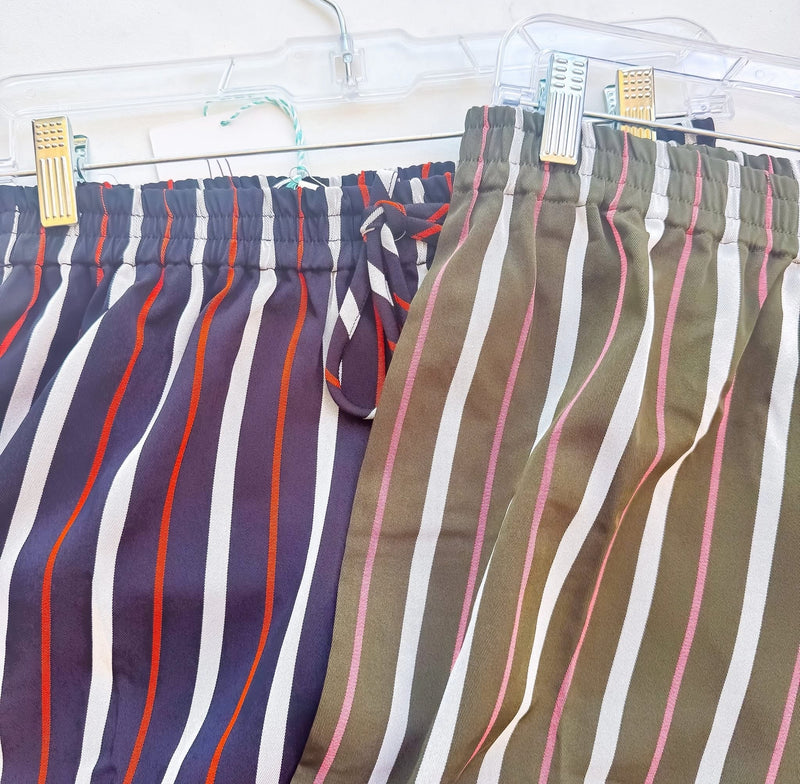 Navy Blue or Olive Brown Striped Elastic Waist Wide Leg Pant