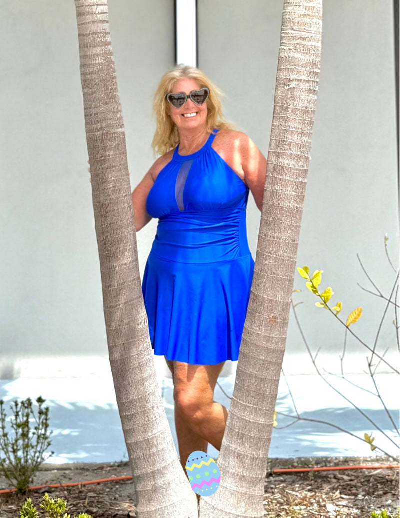 IN STOCK - Royal Blue Skirted One Piece Halter Style Swimsuit