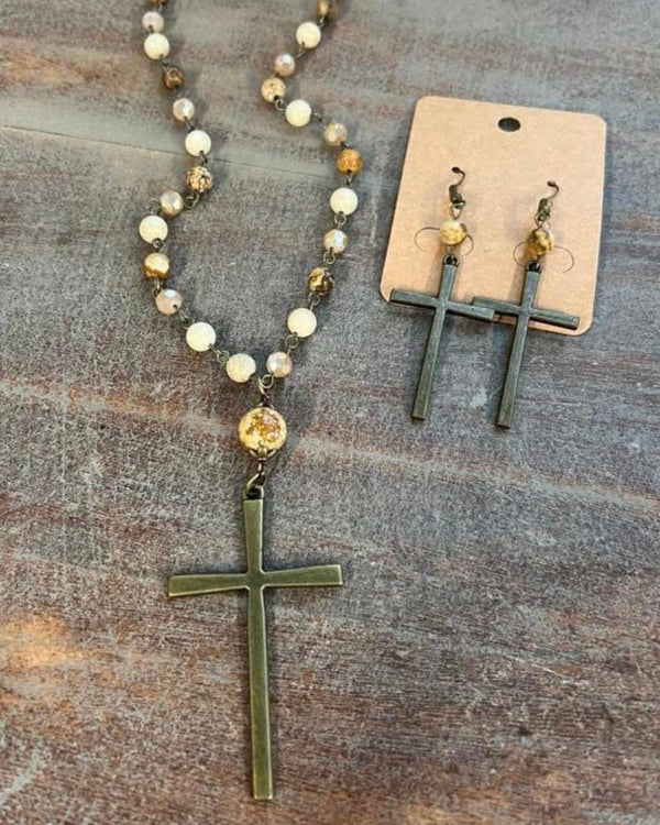 Brown Bead Thin Brass Cross Pendant Necklace & Earring Set