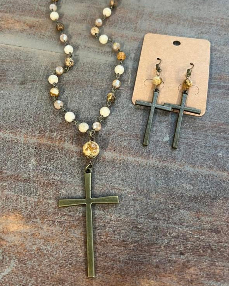 Brown Bead Thin Brass Cross Pendant Necklace & Earring Set