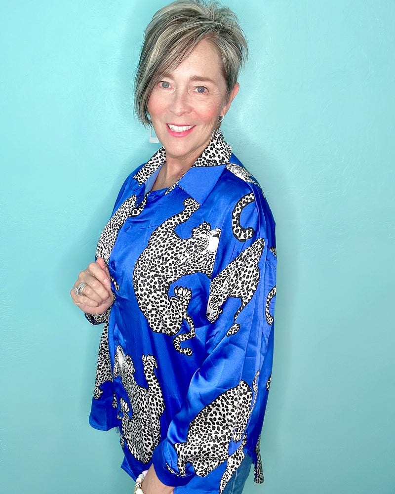 Electric Blue & Black Cheetah Long Sleeve Button Down Blouse