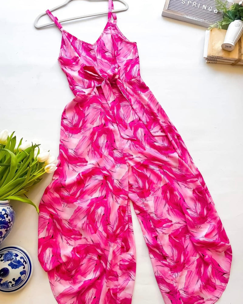 Pink Abstract Floral Spaghetti Strap Wide Leg Jumpsuit