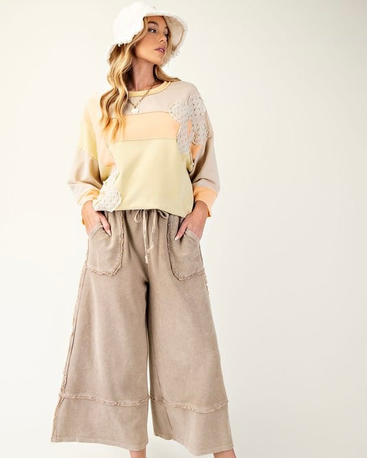 Boho Style Mineral Washed Terry Knit Wide Palazzo Leg Lounge Pants