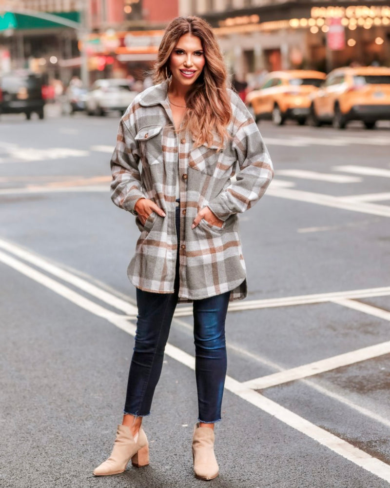 Brown and Gray Button Down Pocket Plaid Shacket