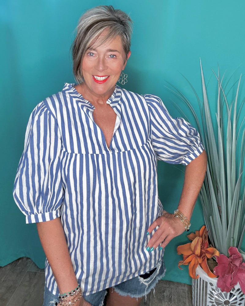 Blue & White Stripe Split VNeck 3/4 Elbow Puff Sleeve Top