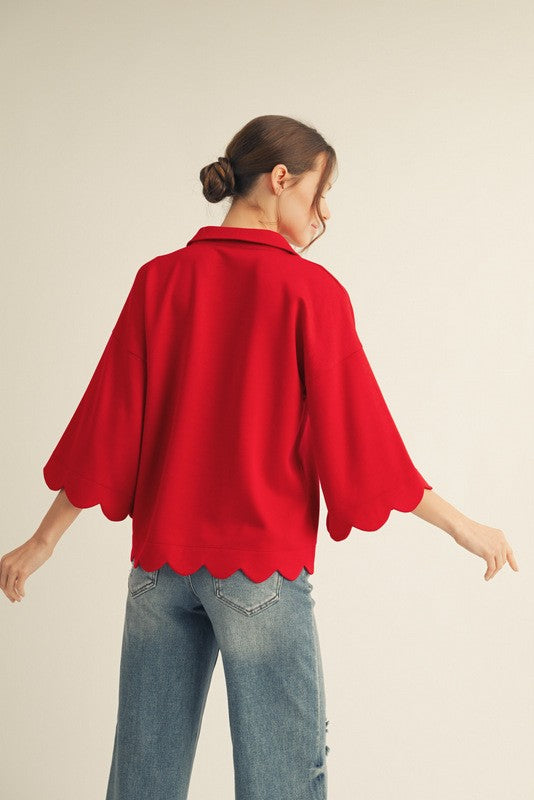 Solid Red Scallop Edge 3/4 Flare Sleeve Top
