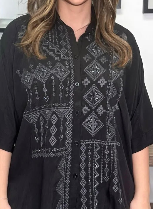 Black Embroidered Sequin Collared Open VNeck Short Dolman Sleeve Top