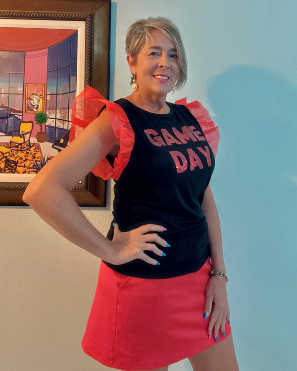 “Game Day" Short Ruffle Sleeve Sequin Patch Top