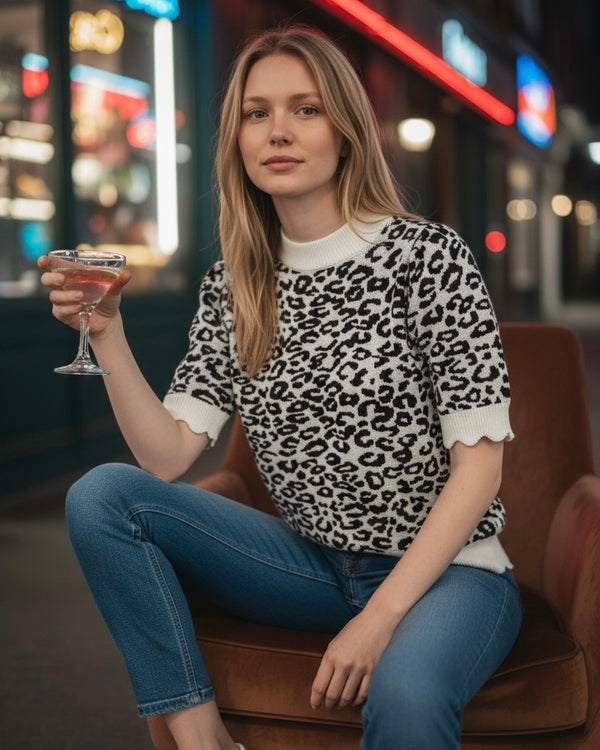 Brown & Cream Leopard Print Short Scallop Sleeve Sweater Knit Top