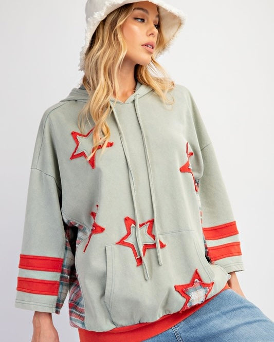 Star Patch Mineral Washed 3/4 Sleeve Hoodie Pullover