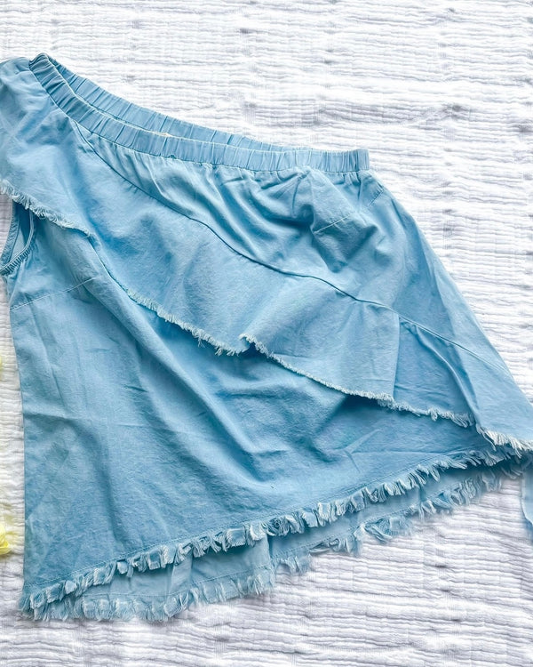 Light Blue Chambray Like One Shoulder Fray Detail Top
