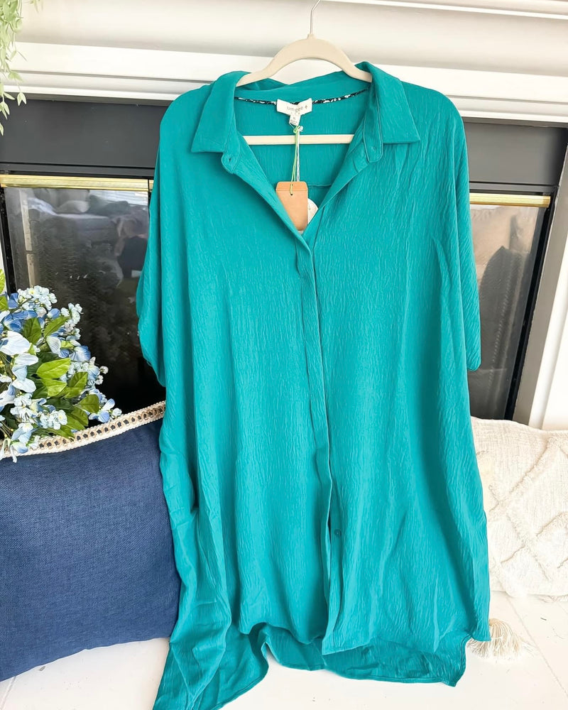 Plus Size Teal Button Down Hi/Lo Shirt Elbow 3/4 Sleeve Dress