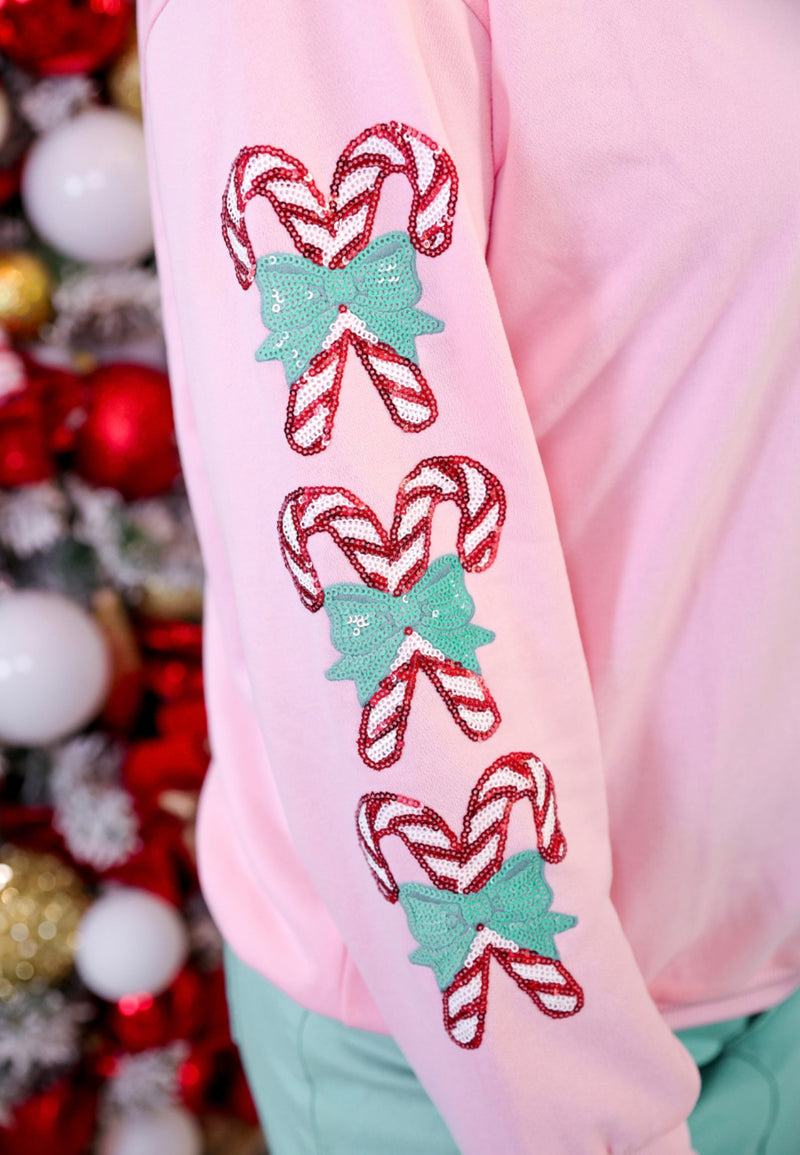 Pink Candy Cane Sequin Sleeve Pullover Sweatshirt Top