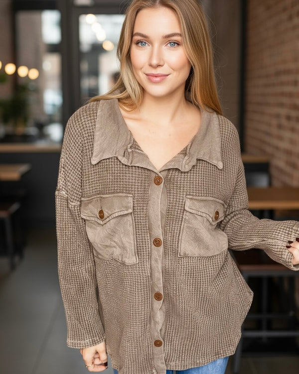Brown Acid Wash Waffle Pocket Oversized Button Shacket