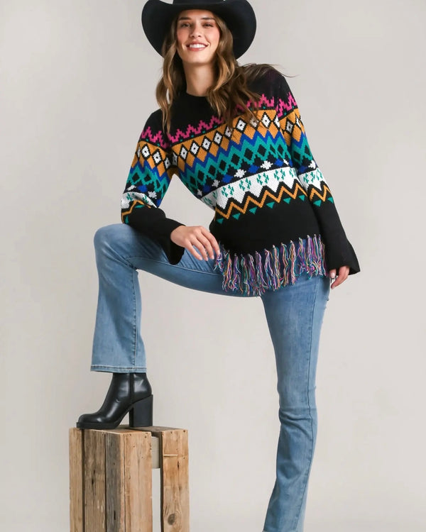 Black or White Multicolor Print Scoop Neck Boxy Drop Shoulder Fringe Sweater Top