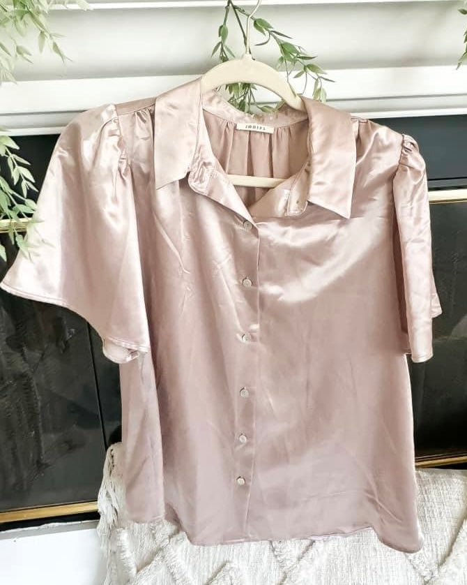 Champagne, Black or Green Satin Short Flutter Sleeve Button Down Top