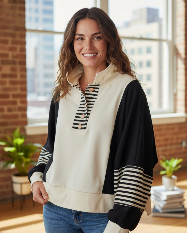 White & Black Color Block with Contrasting Stripe. Snap Front Long Sleeve Hoodie Top