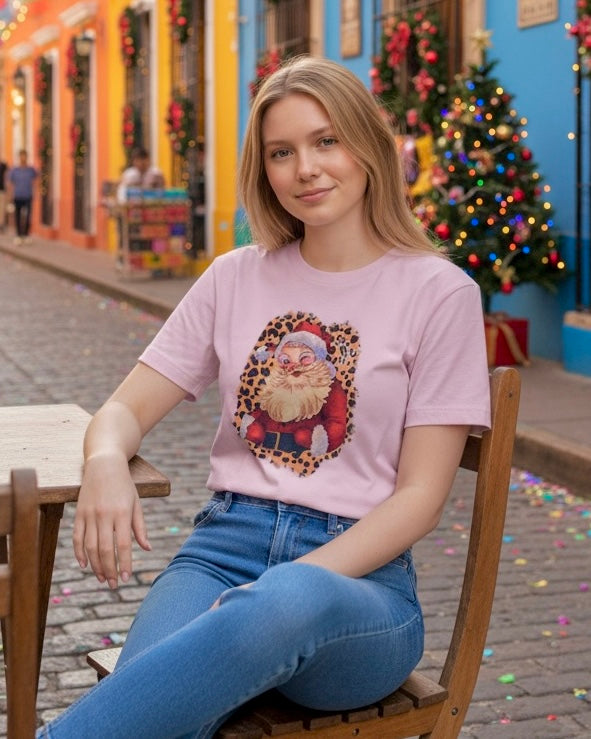 Pink Santa Claus Christmas Leopard Screen Printed Short Sleeve Tshirt Tee Top