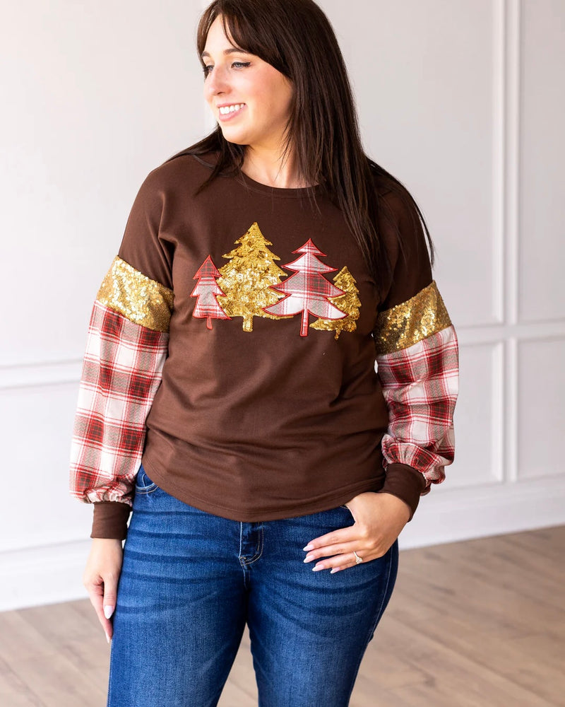 CMAS Brown Plaid Christmas Tree Sequin Long Sleeve Sweatshirt