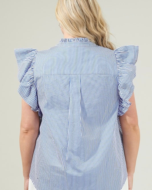 Blue & White Thin Striped Ruffle Cap Sleeve Button Down Top