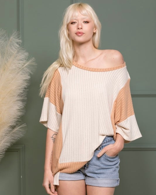 Cream & Tan Color Block Fleece Ribbed Light Knit 3/4 Sleeve Top