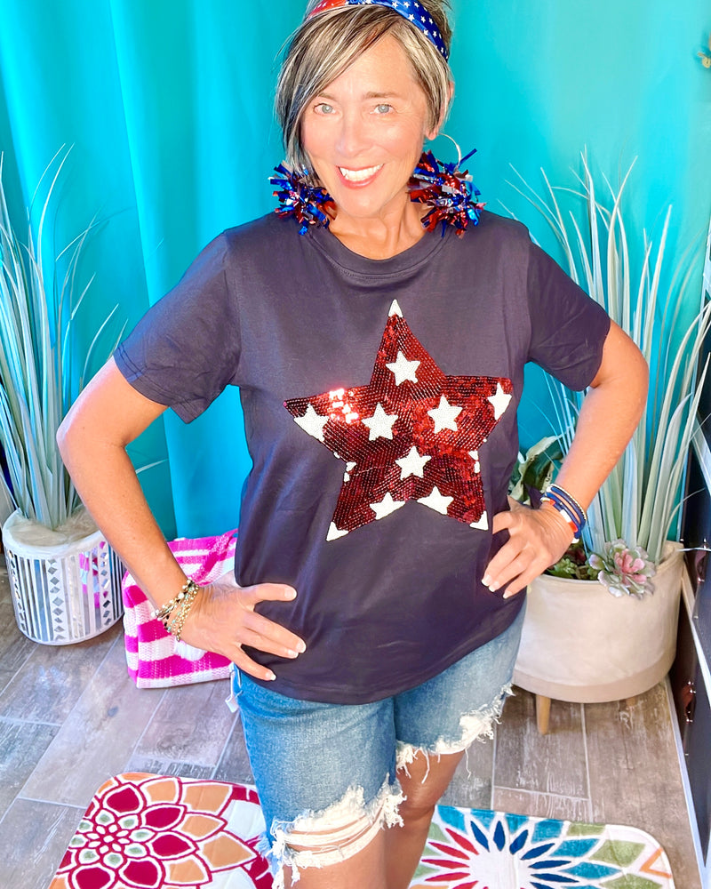 RWB Blue T-shirt with Sparkle Patriotic Sequin Red and White Star Top