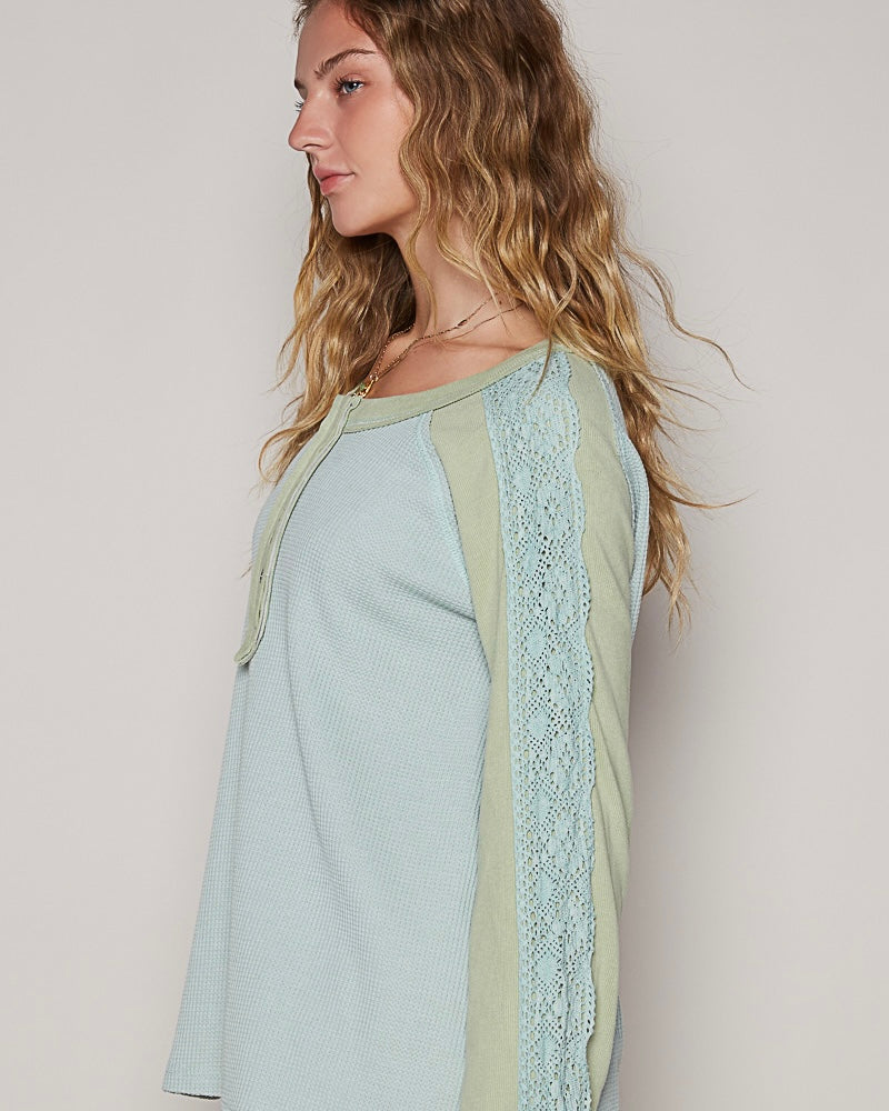Seafoam Blue & Sage Green Scoop Neck Long Sleeve Raglan Thermal Texture Top