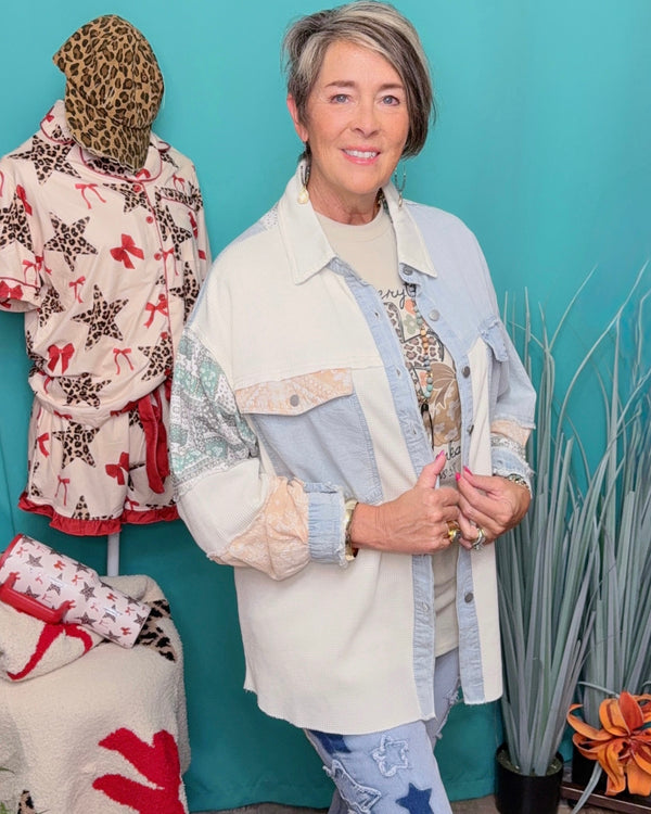 Boho Khaki Denim, Waffle & Lace Hi Lo Oversized Patch Balloon Sleeve Button Down Shirt/Jacket