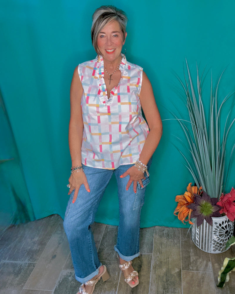 Pastel Plaid on White Ruffle Open VNeck Sleeveless Cotton Tank Top