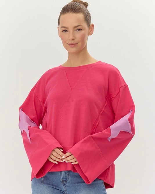 Pink, Brown or Navy Blue Star Patch Wide Bell Long Sleeve UNeck Pullover Top
