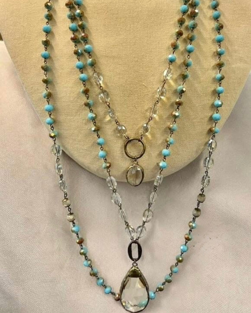 Boho 3 Triple Strand Turquoise & Crystal Bead Necklace Set