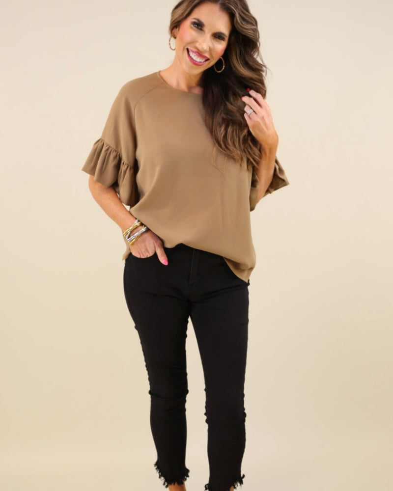 Mocha Brown Rebecca 3/4 Ruffle Sleeve Top