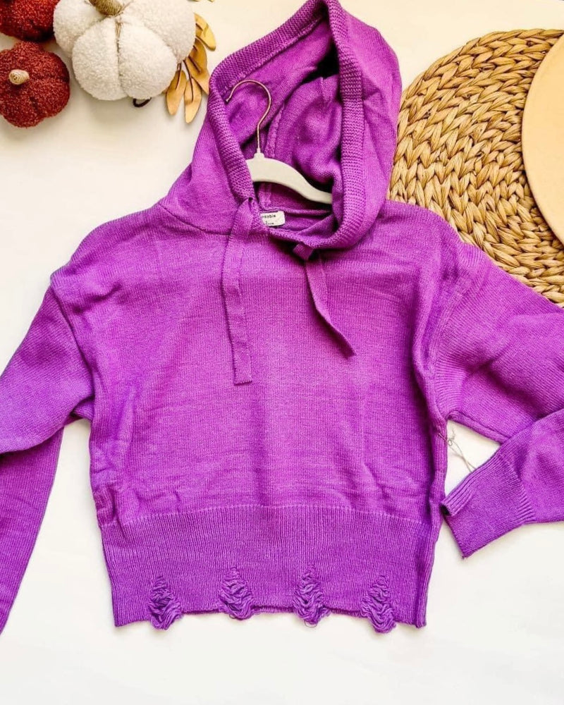 Purple Hoodie Long Sleeve Distressed Sweater