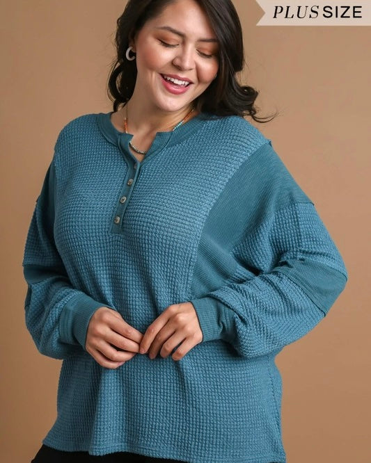 Teal Blue Waffle Mix  Button Neck Long Sleeve Top