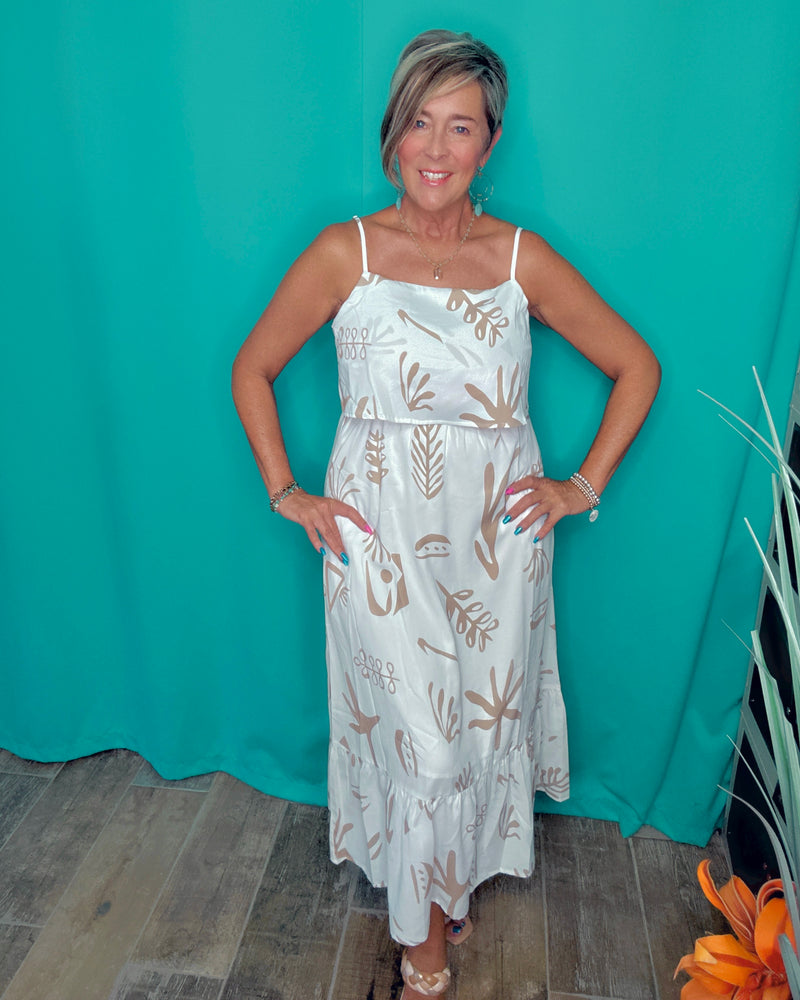 White & Khaki Abstract Print Spaghetti Strap Sleeveless Midi Tank Sundress