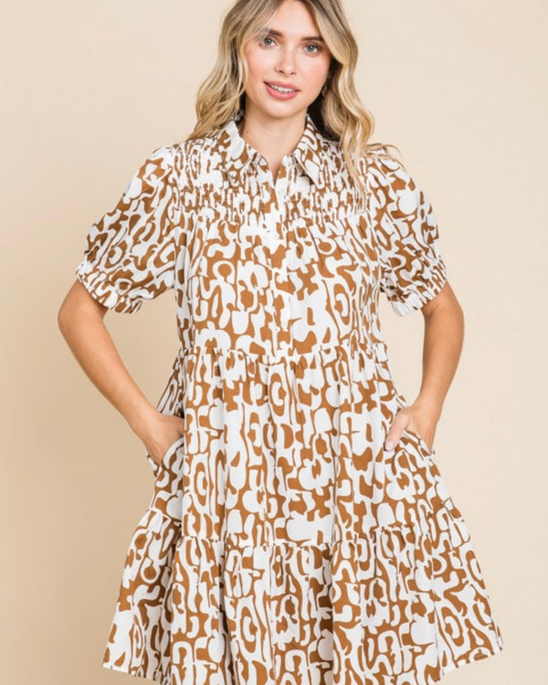 Plus Size Brown & White Button Down Short Puff Sleeve Collared Dress