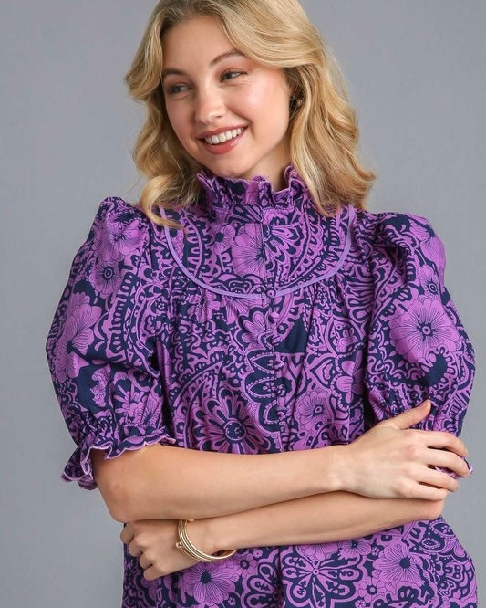 Cotton Purple & Black Short Puff Sleeve Scalloped High Neck Top