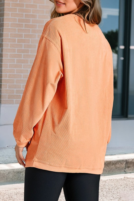 Orange or Tan Ribbed Corduroy Oversized Long Sleeve Sweatshirt Top
