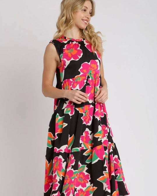 Plus Size Black & Pink Floral Sleeveless Tiered Maxi Dress