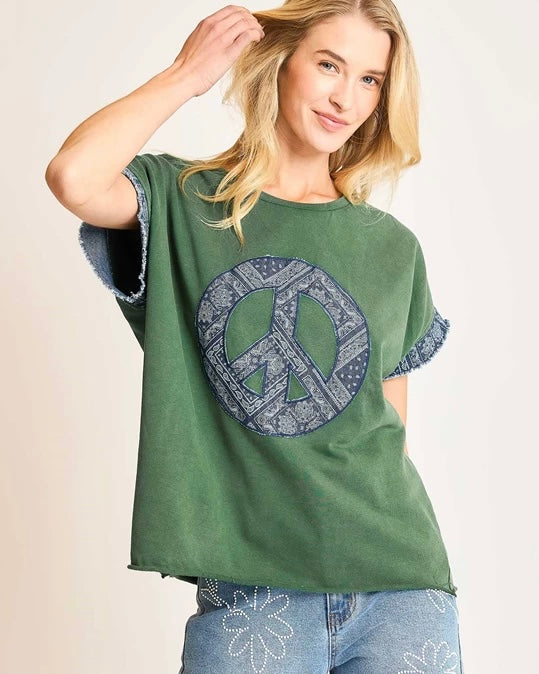 Green Mineral Wash Peace Paisley Patch Short Sleeve Top