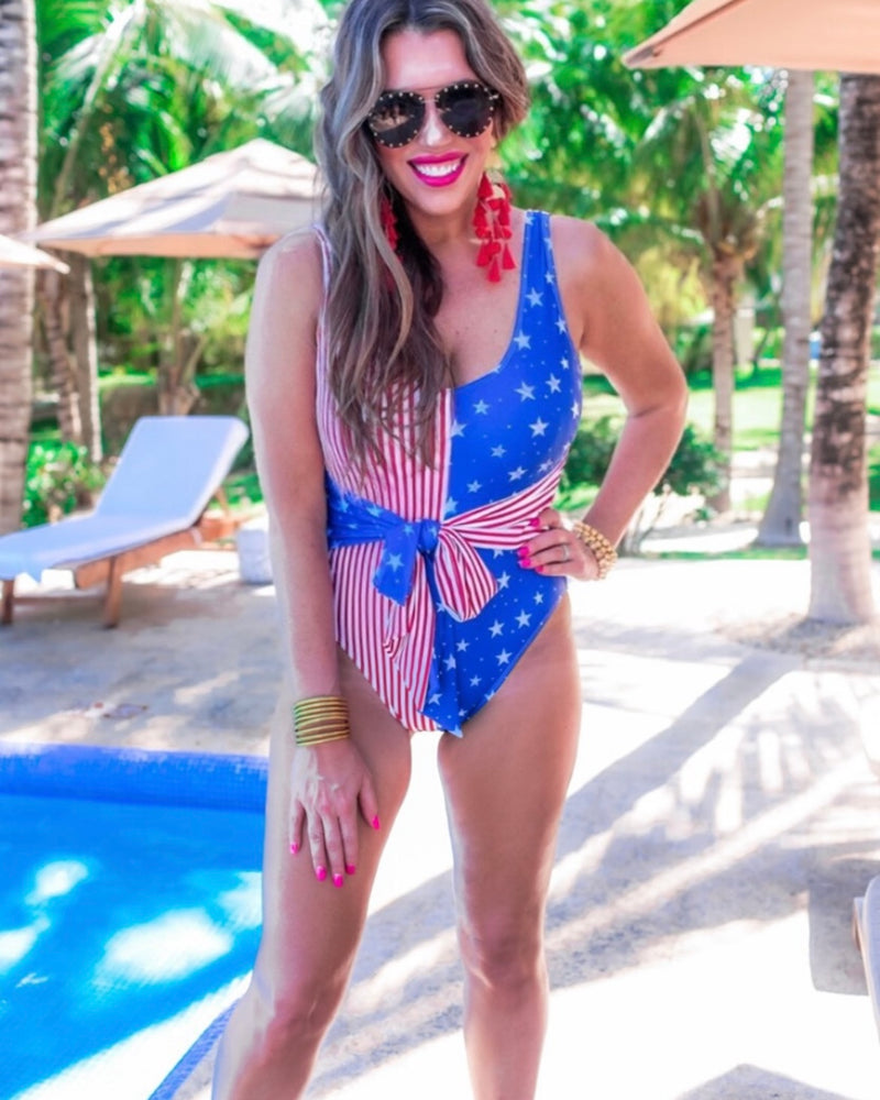 July Stars and Stripes RWB Red, White & Blue Vertical Striped Color Block One Piece Swimsuit