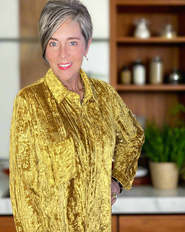 Blue or Gold Velvet Textured Embossed Button Down Long Sleeve Holiday Party Blouse