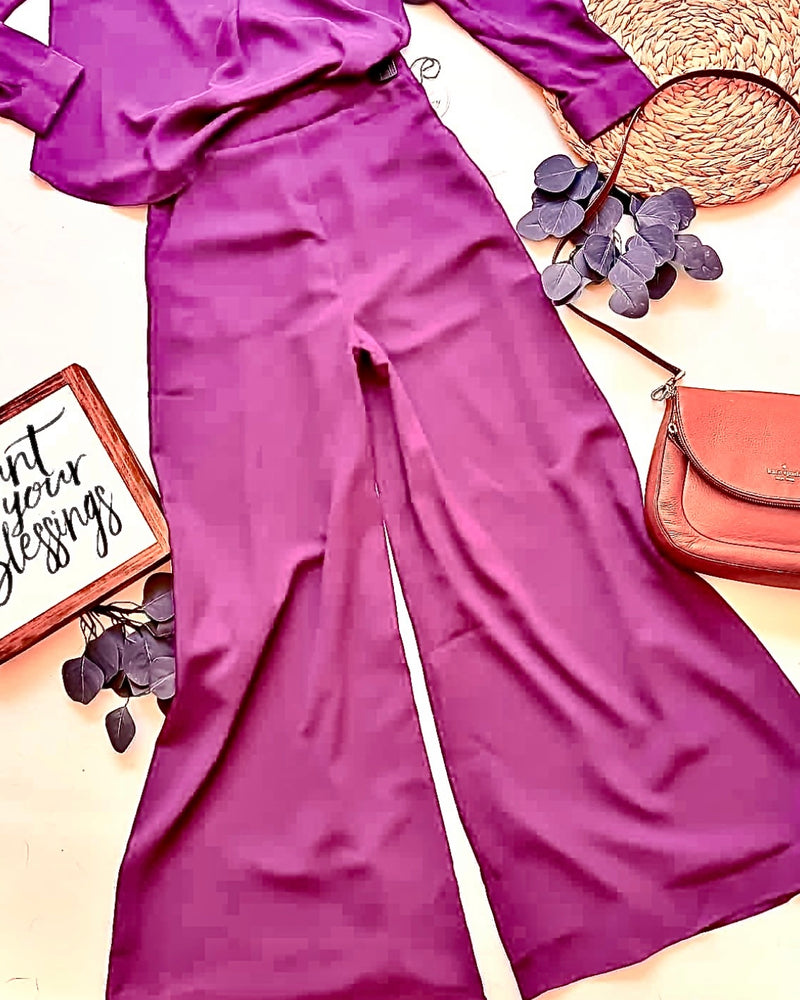 Purple Magenta Elastic Waist Pocket Straight Leg Pants