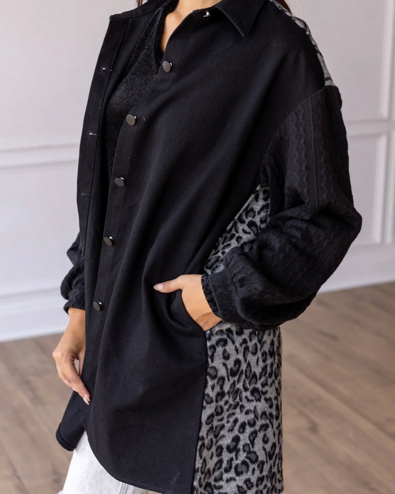Fall Black w/Leopard Back Animal Print Long Sleeve Duster Coat Jacket