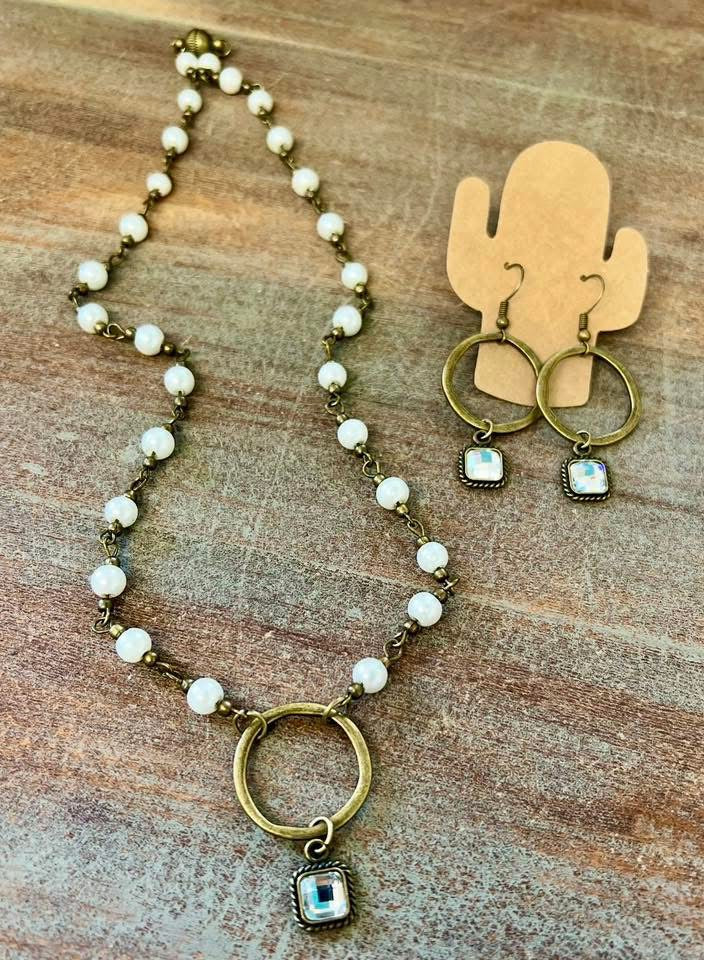 Choker Style White Small Faux Pearl Beaded Necklace on Brass Chain with Matching Earrings