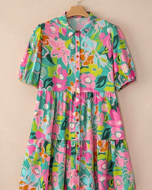 Pink & Green Multicolor Floral Puff Sleeve Collar Buttoned Babydoll Dress