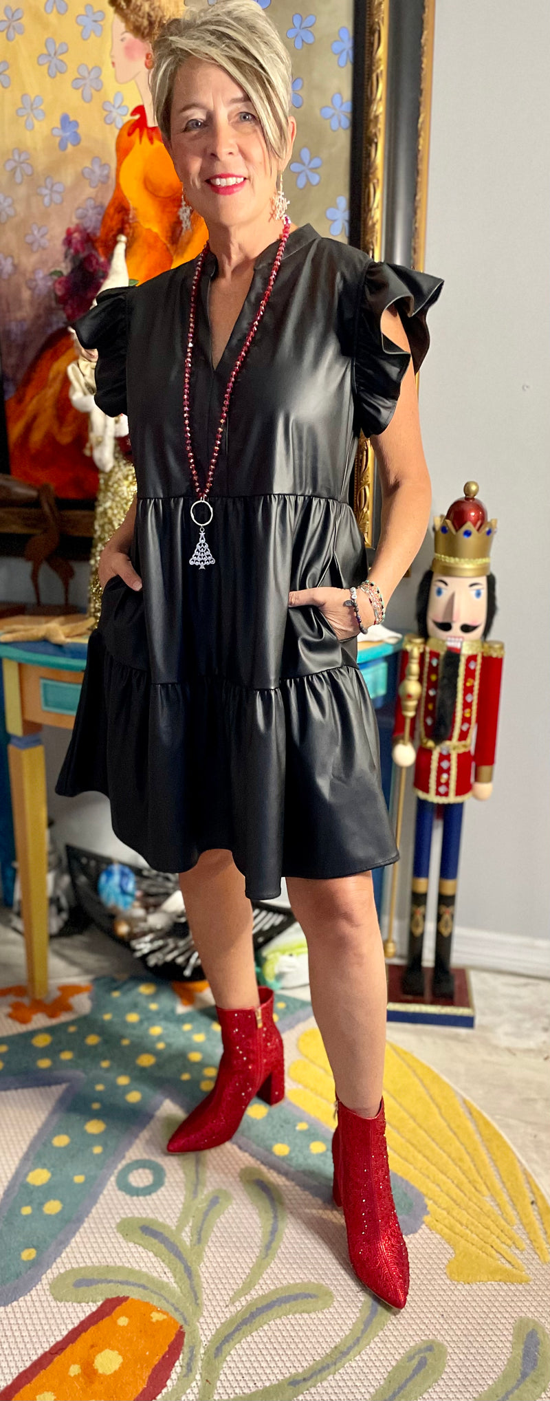 Solid Black Faux Leather Like Pleather Tiered Ruffle Cap Sleeve Dress
